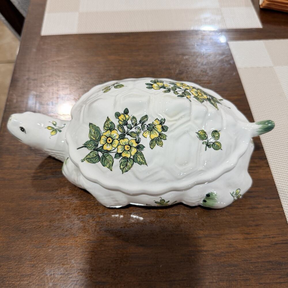 Vintage Ceramic Turtle Covered Dish-Hand Painted Floral Trinket Box Cottage core - Picture 6 of 12